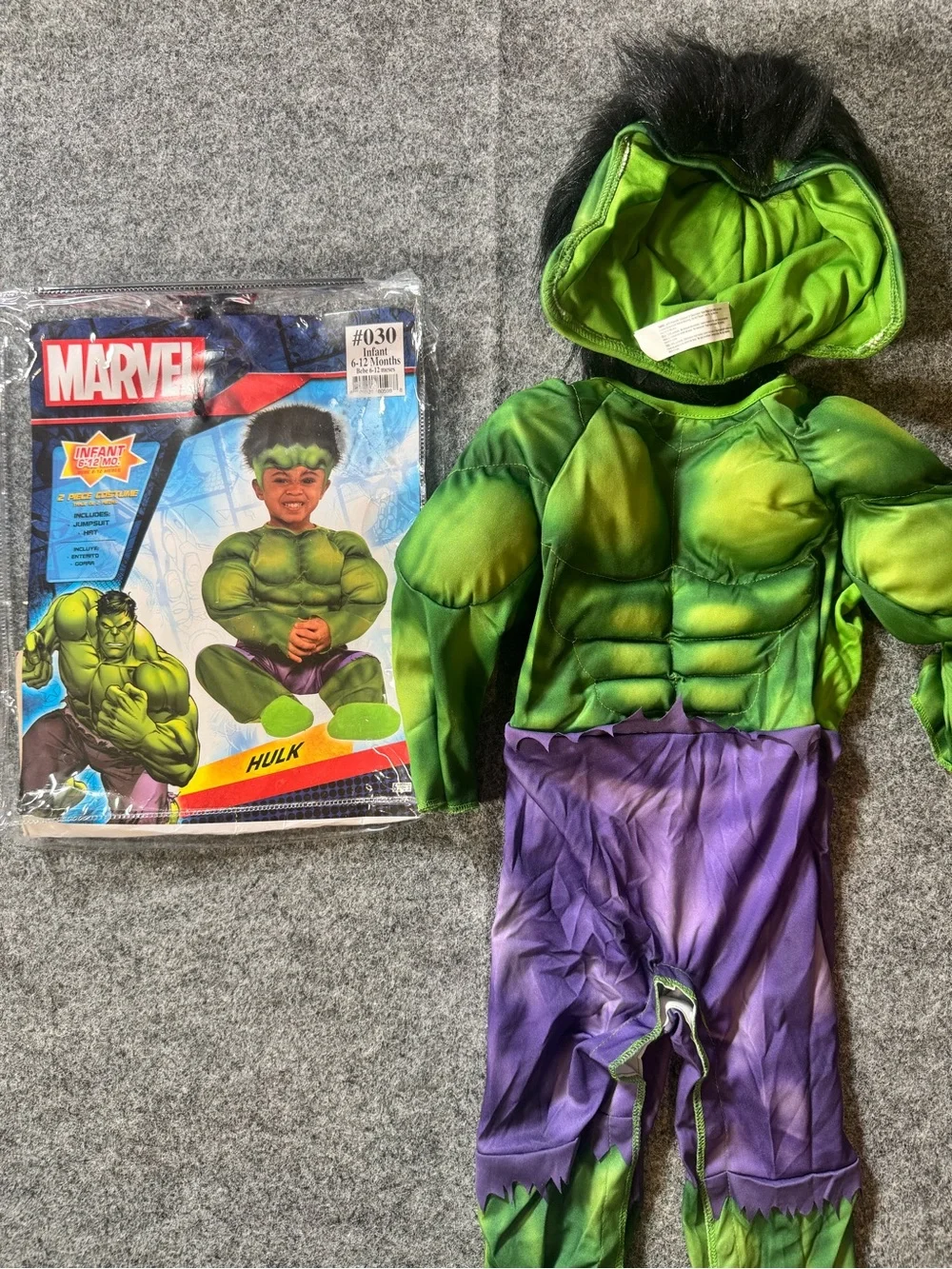 Marvel Hulk Infant Costume 6-12 Months Green Muscle Jumpsuit Halloween 2 Pc EUC